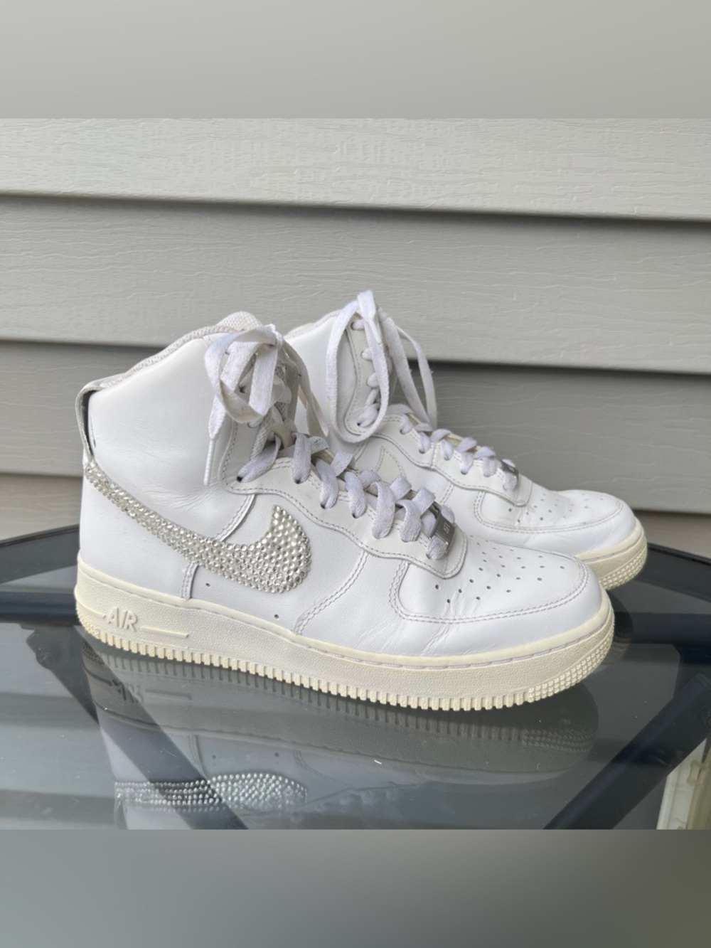 Nike White High-Top Sneakers with Rhinestone Swoosh
